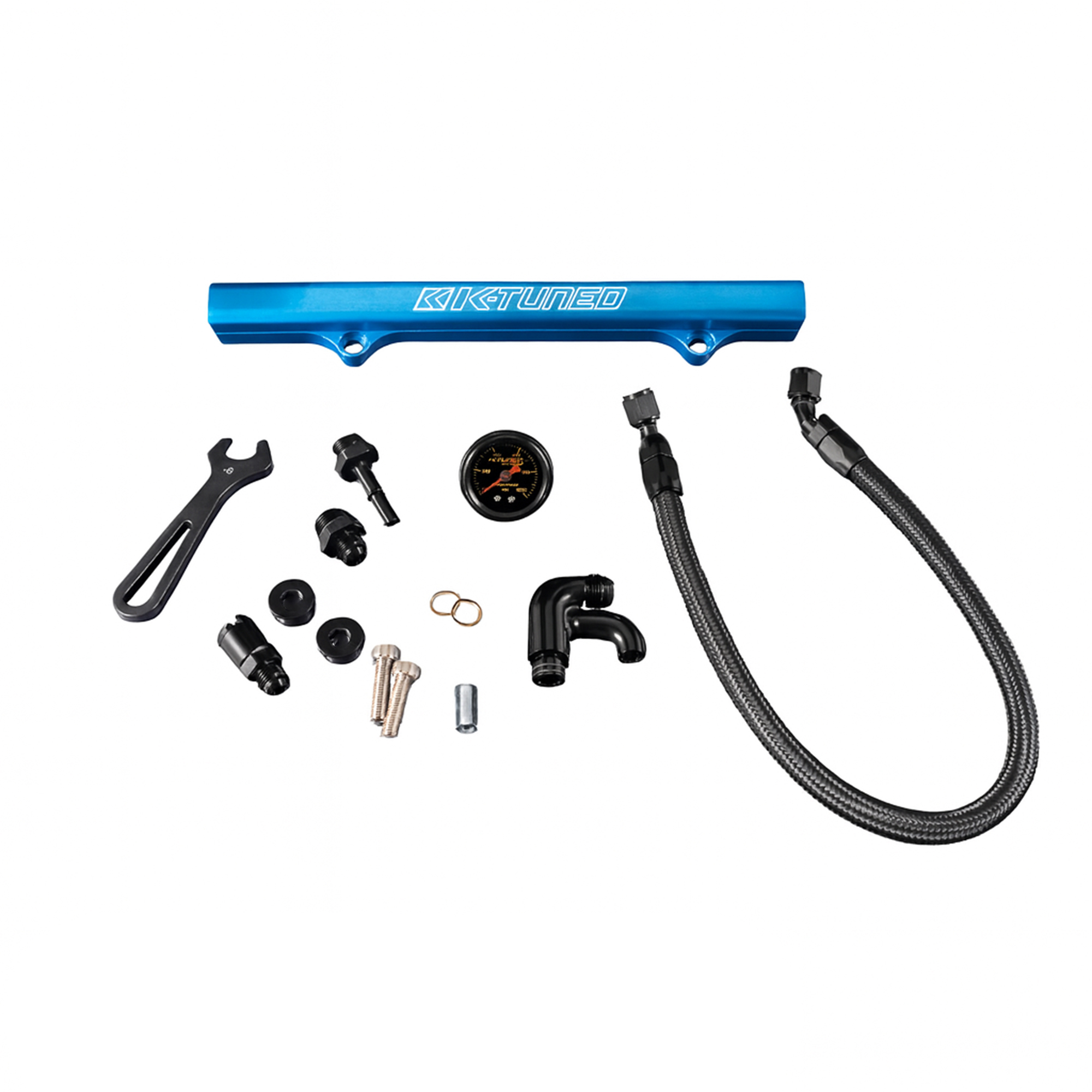 K-Tuned Blue Side Feed Fuel Rail Kit with Gauge